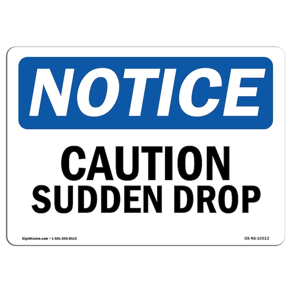 Safety Sign, OSHA Notice, 3.5" Height, Caution Sudden Drop Sign, Landscape, 10PK